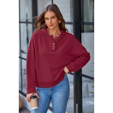 PRETTYGARDEN Womens Cropped Sweatshirt Hoodies Long Sleeve V Neck Button Hooded Pullover Tops 2024 Fall Winter Outfits (Wine Red,XL)