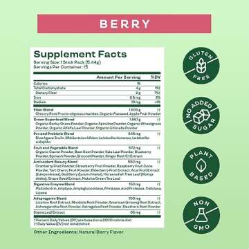 Bloom Nutrition Superfood Greens Powder Stick Packs, Digestive Enzymes with Probiotics and Prebiotics, Gut Health, Bloating Relief for Women, Chlorella, Green Juice Mix, 15 SVG, Berry