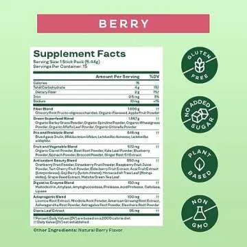 Bloom Nutrition Superfood Greens Powder Stick Packs, Digestive Enzymes with Probiotics and Prebiotics, Gut Health, Bloating Relief for Women, Chlorella, Green Juice Mix, 15 SVG, Berry