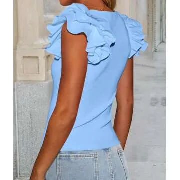 PRETTYGARDEN Women's Ruffle Short Sleeve Shirts 2025 Summer Casual Basic Tee Cute Fitted Crew Neck F...