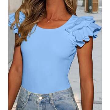 PRETTYGARDEN Women's Ruffle Short Sleeve Shirts 2025 Summer Casual Basic Tee Cute Fitted Crew Neck Fashion Tops Clothes (Light Blue,Medium)