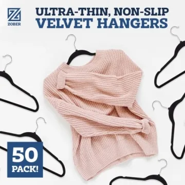Zober Velvet Hangers 50 Pack - Heavy Duty Black Hangers for Coats, Pants & Dress Clothes - Non Slip Clothes Hanger Set - Space Saving Felt Hangers for Clothing