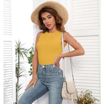 AUHEGN Womens Tank Tops Summer Sleeveless Racerback Casual Basic Ribbed Shirts Mustard Medium