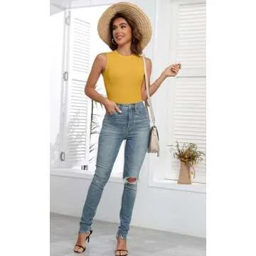 AUHEGN Womens Tank Tops Summer Sleeveless Racerback Casual Basic Ribbed Shirts Mustard Medium