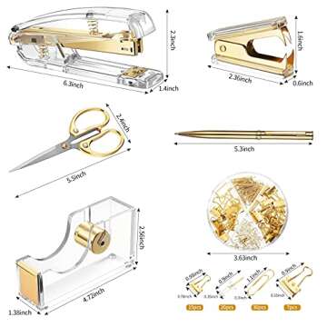 Office Supplies Set Desk Accessory Kit, Acrylic Stapler Set Staple Remover, Tape Dispenser, Binder C...
