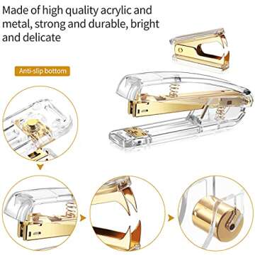 Office Supplies Set Desk Accessory Kit, Acrylic Stapler Set Staple Remover, Tape Dispenser, Binder Clips, Paper Clips, Ballpoint Pen and Scissor with 1000 Pieces 26/6 Staples (Gold)