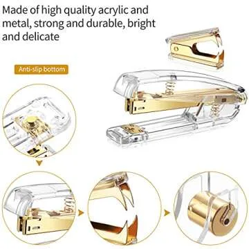 Office Supplies Set Desk Accessory Kit, Acrylic Stapler Set Staple Remover, Tape Dispenser, Binder Clips, Paper Clips, Ballpoint Pen and Scissor with 1000 Pieces 26/6 Staples (Gold)