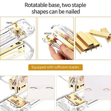 Office Supplies Set Desk Accessory Kit, Acrylic Stapler Set Staple Remover, Tape Dispenser, Binder Clips, Paper Clips, Ballpoint Pen and Scissor with 1000 Pieces 26/6 Staples (Gold)