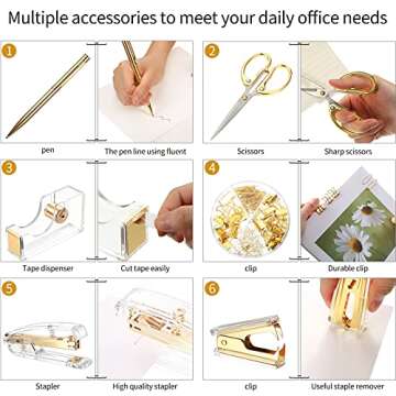 Office Supplies Set Desk Accessory Kit, Acrylic Stapler Set Staple Remover, Tape Dispenser, Binder Clips, Paper Clips, Ballpoint Pen and Scissor with 1000 Pieces 26/6 Staples (Gold)