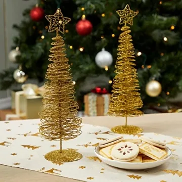 Juvale 2-Pack Mini Gold Christmas Tree, 10.5 Inch Tall Christmas Table Decoration, Ideal Gold Christmas Decorations for Tables, Desks, Bedrooms, and Living Rooms