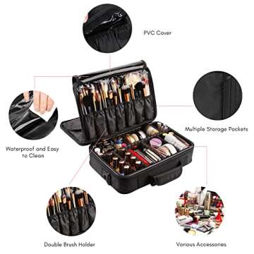 VASKER Makeup Travel Organizer Large Makeup Bag Professional Makeup Train Case Travel Cosmetic Organizer 3 Layers Waterproof Portable Makeup Artist Storage Box Adjustable Dividers Gift for Women