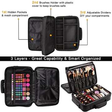 VASKER Makeup Travel Organizer Large Makeup Bag Professional Makeup Train Case Travel Cosmetic Organizer 3 Layers Waterproof Portable Makeup Artist Storage Box Adjustable Dividers Gift for Women