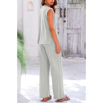 PRETTYGARDEN Women's 2 Piece Outfits Knit Loungewear High Low Pullover Tops and Wide Leg Pants Casua...