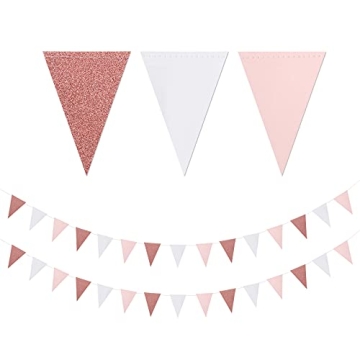 Pink-White Rose-Gold Party Decorations Banner - 2 Pack Engagement Baby Bridal Shower Paper Pennant T...
