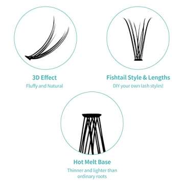 Individual Lash Clusters Volume Lashes Fishtail Lashes DIY Eyelash Extension Natural Curl Black Helt Bonded Soft Lash Extensions by WENDY LASHES (0.10-D, 8-16mm)