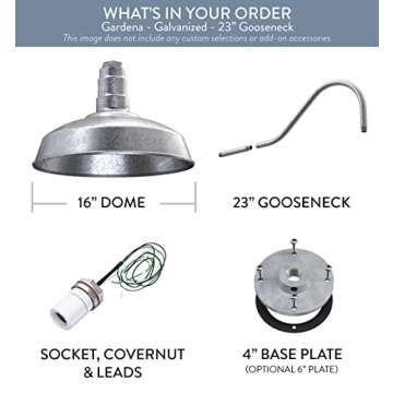 Steel Lighting Co. Gardena Barn Light | Outdoor Wall Mounted | 16" Dome | 23" Gooseneck | Farmhouse Light Made in America | Galvanized Exterior/Galvanized Interior