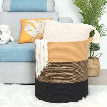 MINTWOOD Design 83L Extra Large 20x18 Inches Decorative Woven Cotton Rope Basket, Tall Laundry Basket Hamper, Blanket Basket for Living Room, Round Storage Baskets for Pillows, Towels, Black Jute