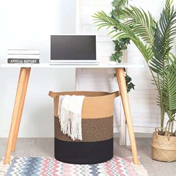 MINTWOOD Design 83L Extra Large 20x18 Inches Decorative Woven Cotton Rope Basket, Tall Laundry Basket Hamper, Blanket Basket for Living Room, Round Storage Baskets for Pillows, Towels, Black Jute