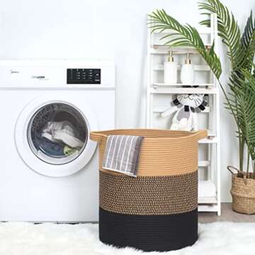 MINTWOOD Design 83L Extra Large 20x18 Inches Decorative Woven Cotton Rope Basket, Tall Laundry Basket Hamper, Blanket Basket for Living Room, Round Storage Baskets for Pillows, Towels, Black Jute