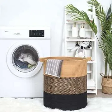 MINTWOOD Design 83L Extra Large 20x18 Inches Decorative Woven Cotton Rope Basket, Tall Laundry Basket Hamper, Blanket Basket for Living Room, Round Storage Baskets for Pillows, Towels, Black Jute