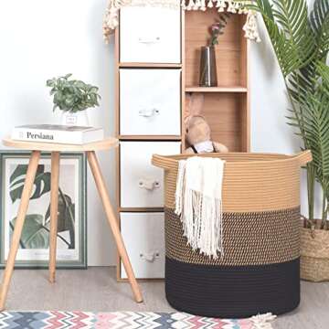 MINTWOOD Design 83L Extra Large 20x18 Inches Decorative Woven Cotton Rope Basket, Tall Laundry Basket Hamper, Blanket Basket for Living Room, Round Storage Baskets for Pillows, Towels, Black Jute