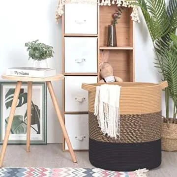 MINTWOOD Design 83L Extra Large 20x18 Inches Decorative Woven Cotton Rope Basket, Tall Laundry Basket Hamper, Blanket Basket for Living Room, Round Storage Baskets for Pillows, Towels, Black Jute