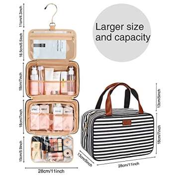 MONSTINA Travel Toiletry Bag Cosmetic Organizers with Hanging Hook Use in Hotel,Bathroom(Black and White Stripes)