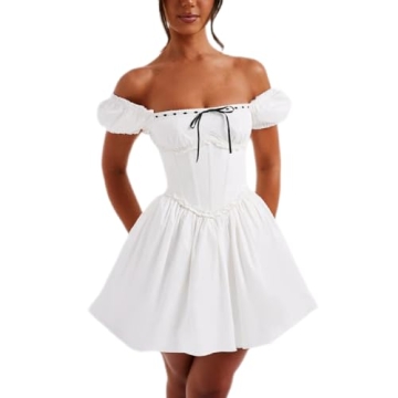 LouVasabuce Women Off Shoulder Corset Ruffle Mini Dress Boat Neck Backless Slim A-Line Short Dress R...