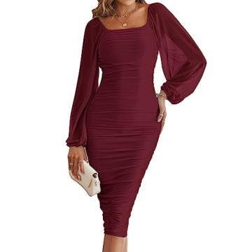 MEROKEETY Women's Elegant Long Balloon Sleeve Square Neck Ruched Bodycon Dress in Wine Red, Size XL