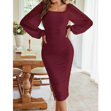 Elegant Women's Ruched Dress with Balloon Sleeves
