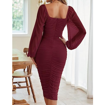 Elegant Women's Ruched Dress with Balloon Sleeves