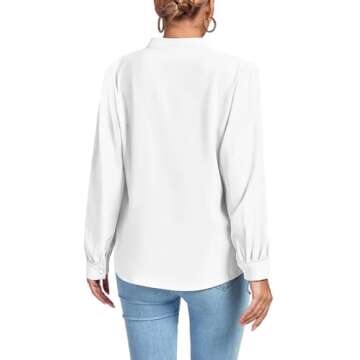LYANER Women's V Neck Shirred Long Sleeve Office Elegant Tunic Blouse Top White Small