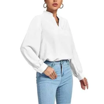 LYANER Women's V Neck Shirred Long Sleeve Blouse