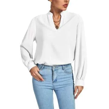 LYANER Women's V Neck Shirred Long Sleeve Blouse