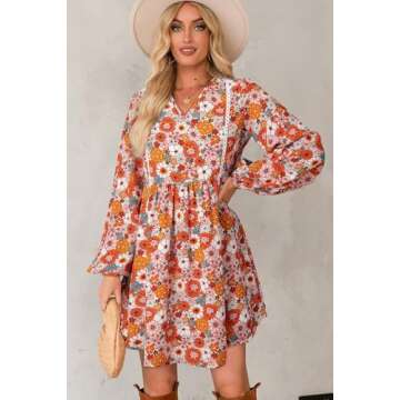 Dokotoo Women's V Neck Embroidered Lace Trim Flowy Dress Long Peasant Sleeve Floral Print A Line Mini Dress Summer Dresses for Women Orange Medium