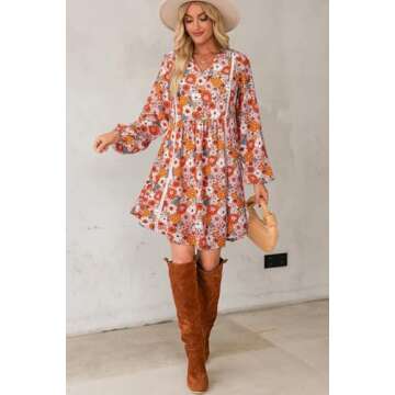 Dokotoo Women's V Neck Embroidered Lace Trim Flowy Dress Long Peasant Sleeve Floral Print A Line Mini Dress Summer Dresses for Women Orange Medium