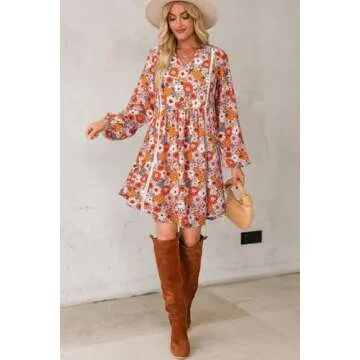Dokotoo Women's V Neck Embroidered Lace Trim Flowy Dress Long Peasant Sleeve Floral Print A Line Mini Dress Summer Dresses for Women Orange Medium