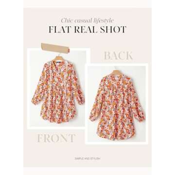 Dokotoo Women's V Neck Embroidered Lace Trim Flowy Dress Long Peasant Sleeve Floral Print A Line Mini Dress Summer Dresses for Women Orange Medium