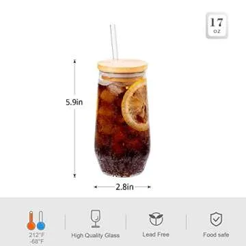 SUNNOW Vastto 17 Ounce Glass Cups - Eco-Friendly Bamboo Lids and Straws, Set of 4