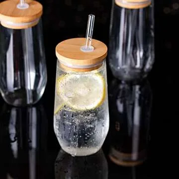 Stylish SUNNOW 17 Ounce Glass Cups with Bamboo Lids