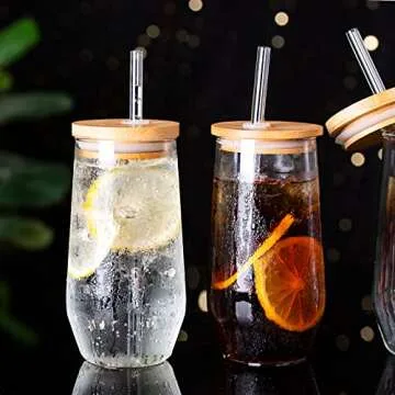 Stylish SUNNOW 17 Ounce Glass Cups with Bamboo Lids