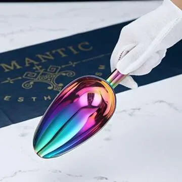 Berglander Stainless Steel Rainbow Ice Scoop 6 OZ, Titanium Colorful Plating Metal Ice Scooper For Ice Maker Multipurpose For Candy Wedding Kitchen Bar Party Pet Animal Dog Food Scoop Beach Shovel