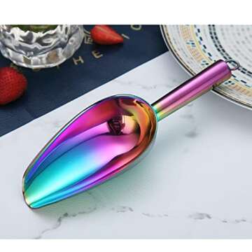 Berglander Stainless Steel Rainbow Ice Scoop 6 OZ, Titanium Colorful Plating Metal Ice Scooper For Ice Maker Multipurpose For Candy Wedding Kitchen Bar Party Pet Animal Dog Food Scoop Beach Shovel