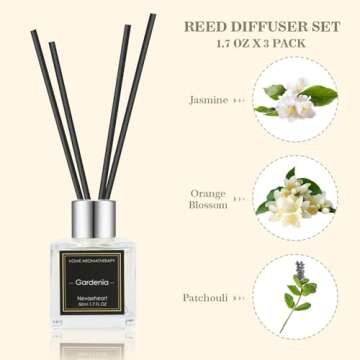 NEVAEHEART Reed Diffuser Set,Jasmine/Orange Blossom/Patchouli Reed Diffuser Gifts for Women,1.7OZx3 Packs Reed Diffuser with Sticks,Home Fragrance Reed Diffuser for Shelf Decor