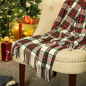 Glitzhome 100% Acrylic Dress Stewart Tartan Plaid Throw Blanket with Fringe, 50 x 60 Inch