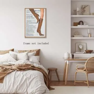 Vintage Newspaper Wall Art Trendy Leopard Room Decor Funky Leopard Boots Posters Canvas Print Feminist Preppy Girly Wall Decor Aesthetic Bar Cart Art for Bedroom Apartment Dorm 8x12inch Unframed