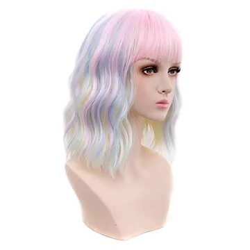 Rainbow Bob Wavy Wig with Bangs for Women