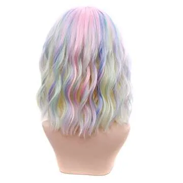 Rainbow Bob Wavy Wig with Bangs for Women