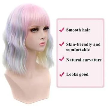 Rainbow Bob Wavy Wig with Bangs for Women