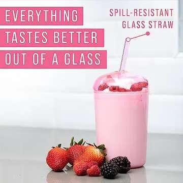 Maplefield Glass Tumbler with Dome Lid, 16oz - Dishwasher Safe Reusable Iced Coffee Cup - Spill-Resistant Tumbler with Straw for Smoothies & Frappes [Pink]